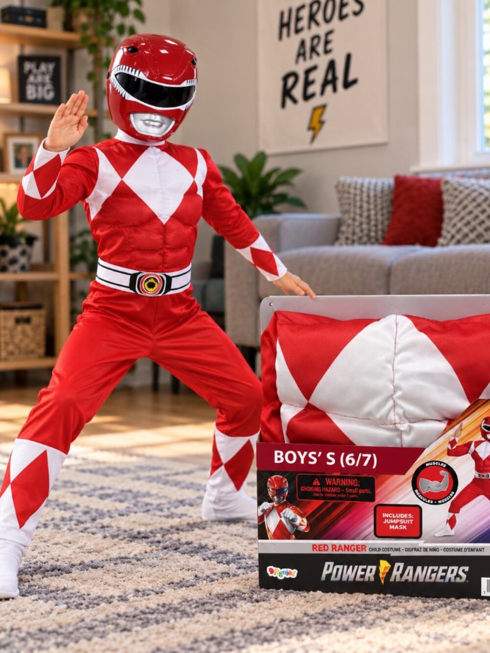 Power Rangers Red Ranger Muscle Costume Boys S 6/7 Jumpsuit Mask Halloween NWT